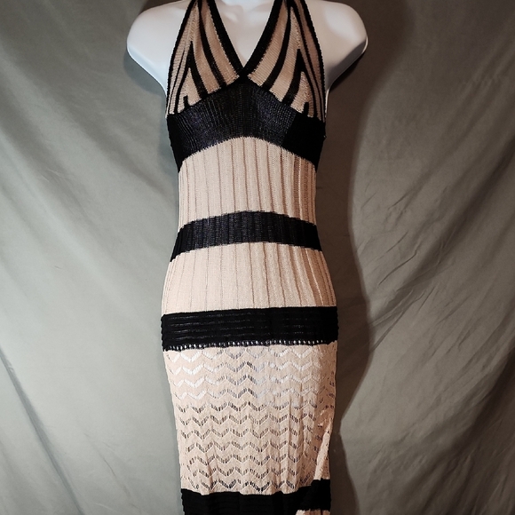 Black and Cream Halter Bodycon Swim Coverup - Picture 1 of 6